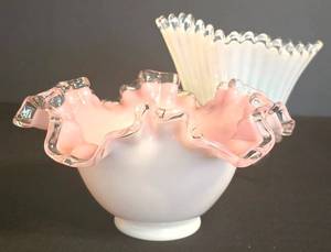 LR - Vintage Fenton Peach Crest Bowl and Vintage Fostoria Heirloom Handkerchief Bowl - BlueWhite Dish