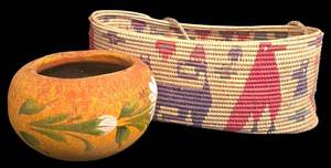 LR - Vintage Mexican Hand-Woven Basket with Strap - Floral Ceramic Pot