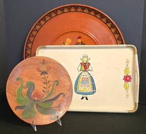 DR - Vintage Hand-Painted Scandinavian Folk Art Wood Tray & Plate Set (Lot of 3)