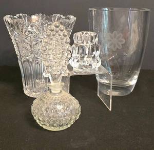DR - Vintage Maleras Glass Crystal Vase, Daisy Vase, Candle Holder & Perfume Bottle Mixed Lot of 4