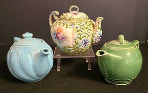 LR - Vintage Green McCoy Teapot, Floral Majolica Teapot & Blue Teapot (Lot of 3)