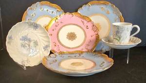 LR - Vintage Haviland Limoges Plate Blue & Pink 7.5 Inch Plates with Cup & 4 Large & 5 Small Plates