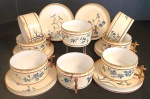 LR - Vintage J. KLOTZ Paris China - 6 Saucers & 8 Cups - Blue Floral Patterns