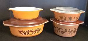 LR - Vintage Pyrex Early American Casserole Dishes, Vintage Pyrex Old Orchard Pattern Casserole Dish and More