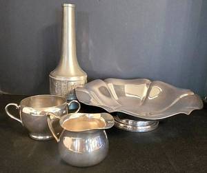 LR - Vintage Cornwall Pewter 4-Piece Set - Pedestal Dish 10.5 in Dia, Sugar Bowl & Creamer