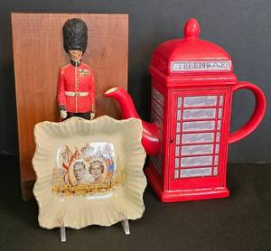 LR - British Telephone Booth Teapot, Bandmaster Plaque & Royal Plate Mixed Lot