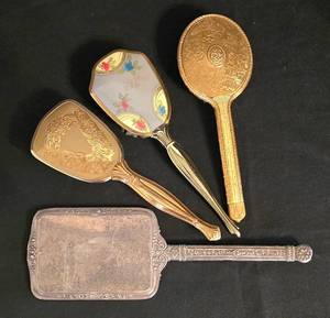LR - Vintage Silver Plated Vanity Set - Three 10-Inch Hair Brushes & 13-Inch Hand Mirror (Lot of 4)
