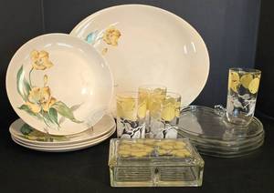 LR - Vintage Crown Potteries Co. Evansville IN Floral Dinnerware - Platter, Plates, Vintage Glasses & Glass Card Box