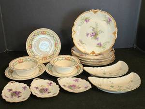 LR - Vintage Rossetti Limoges Hand Painted Dinnerware - Spring Violets, Occupied Japan - Crescent & Leaf Plates