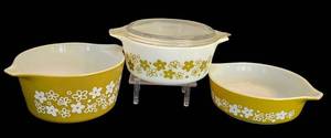DR - Vintage Pyrex Spring Blossom Green Casserole Dishes (Lot of 3)