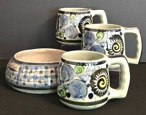 DR - Vintage Tonal Mexico Pottery Set - 3 Mugs & 1 Handled Pot (No. 359)