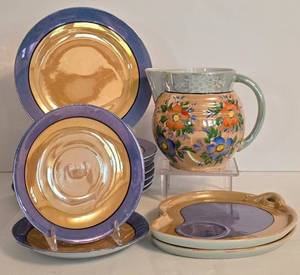 DR - Vintage Japanese Lustreware Floral Pitcher & Dinnerware Set - Plates, Kidney-Shaped Plates & Saucers