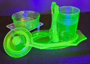 DR - Uranium Glass Mixed Lot - Hazel Atlas Candy Dish, Cambridge Bridge Stand & Tumbler