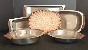 DR - Mid Century Modern Ceramic Bowl and Wood-Accent Tray Set with Stainless Steel Trays