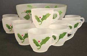 DR - Vintage Federal Glass Satin Christmas Holly Punch Bowl & Cups (Lot of 12)