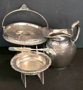 DR - Vintage Pairpoint & Aurora Silver Plate Serving Pieces with Rogers Knife (Lot of 3)