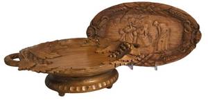 DR - Vintage Carved Wooden Pedestal Dish Music Box & Tray (Lot of 2)