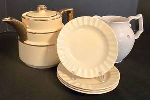 DR - Filco 387 Teapot, Hall 1540 Pitcher & Knowles Saucers (Lot of 6)