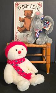 DR - Mixed Lot Teddy Bear Tin Sign, Ty Snowboy, Talking Elephant & Wicker Stool