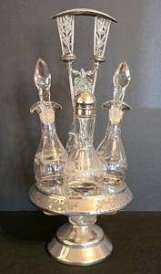 LR - Antique Victorian Crystal Cruet Set with Silver Plate Stand - 5-Piece