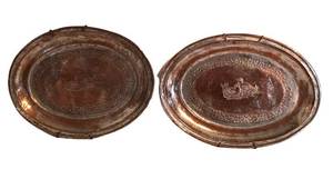 LR - Pair of Iranian Vintage Engraved Metal Trays - Bird Motif & Floral Border