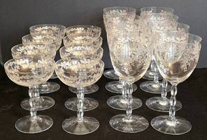 LR - Vintage Fostoria Springtime Etched Glass Set - 8 Champagne Glasses & 8 Wine Glasses