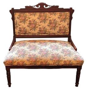 LR - Antique Eastlake Walnut Settee With Floral Upholstery