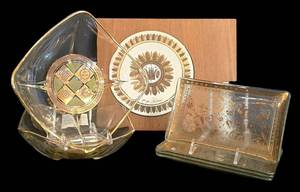LR - Vintage Mid Century Georges Briard - 4 Rectangular Plates, 2 Square Bowls, Cheese Board & Knife