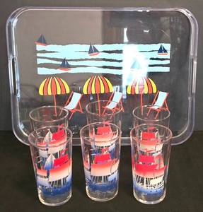 Acrylic Tray with Eight Vintage Anchor Hocking Nautical Sailboat Glasses - Sailing Ship Motif
