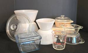 LR - Vintage Fire King Milk Glass Lot - 4 Mixing Bowls, Sapphire Blue Refrigerator Dish with Lid (Chip)