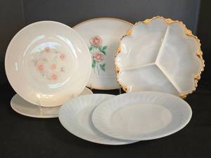 LR - Vintage Fire King 10 Inch Sectioned Platter with Roses - Includes 4 Dinner Plates