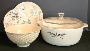 DR - Vintage Anchor Hocking Casserole with Glass Lid - Red Wing Midnight Rose Plates & Hobnail Bowl (Lot of 4)