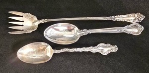K - Vintage Frank M Whiting Sterling Georgian Shell LettuceSardine Fork, Antique Chantilly Gorham Sterling Spoon & Antique Watteau by Durgin Sterling Teaspoon