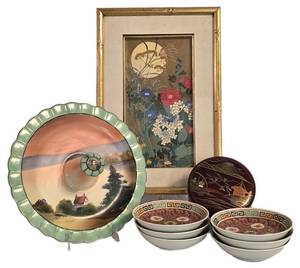 DR - Vintage Framed Japanese and Chinese Woodblock Print Ukiyo-E, Vintage Hand Painted Noritake Tree in Meadow Pattern Candy Dish & More