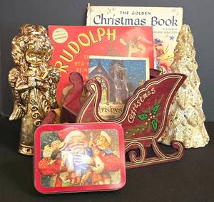 DR - Vintage Christmas Books, Rudolph Cake Mold Set & Enesco Holiday Figures (Lot of 7)