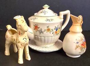 DR - Vintage Shawnee Horse Planter, Floral Pitcher & Japanese Teapot Set (Lot of 3)