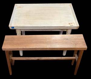 LR - Vintage White Painted Table & Wooden Bench (Lot of 2)