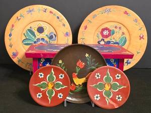 DR - Painted Wooden Box With Floral Plates Mixed Lot