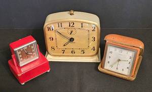 DR - Vintage Alarm Clock Trio - Gilbert, Seneca & Folding Red Alarm Clock
