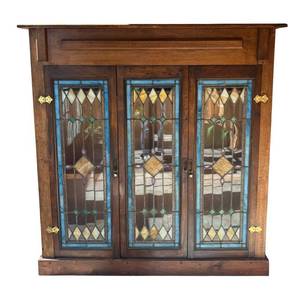 MB - Antique Arts and Crafts Style Stained Glass Cabinet with Leaded Diamond Doors