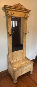 E - Vintage Hall Tree with Mirror, Coat Hooks & Storage Bench