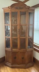K - Vintage China Cabinet Curio Cabinet with Glass Doors and Carved Crest