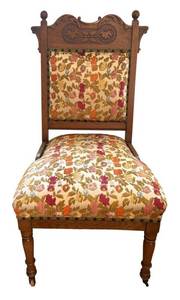 MB - Victorian Eastlake Walnut Accent Chair with Floral Upholstery and Burl Wood Carvings