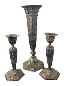 MB - Barbour International Silver-Plated Candlesticks & Vase with Dutch Repouss Scenes (Lot of 3)
