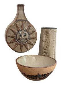 MB - Three-Piece Pottery Set - Sun Face Vase, Tall Cylinder Vase & Decorative Bowl