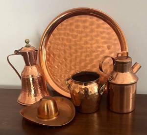 MB - Vintage Copper Hammered Platter with Teapots, Pitchers and More - Assorted Copperware