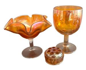 MB - Vintage Carnival Glass Goblet, Compote Dish & Floral Frog