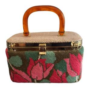 MB - Vintage J.r. Florida Floral Tapestry Box Handbag with Amber Lucite Handle