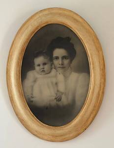MB - Antique Black and White Photographic Portrait Print in Oval Wood Frame