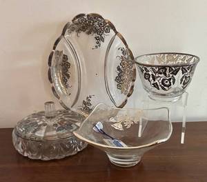 MB - Sterling Overlay Crystal Vintage Serving Platter, Bowls & Candy Dish